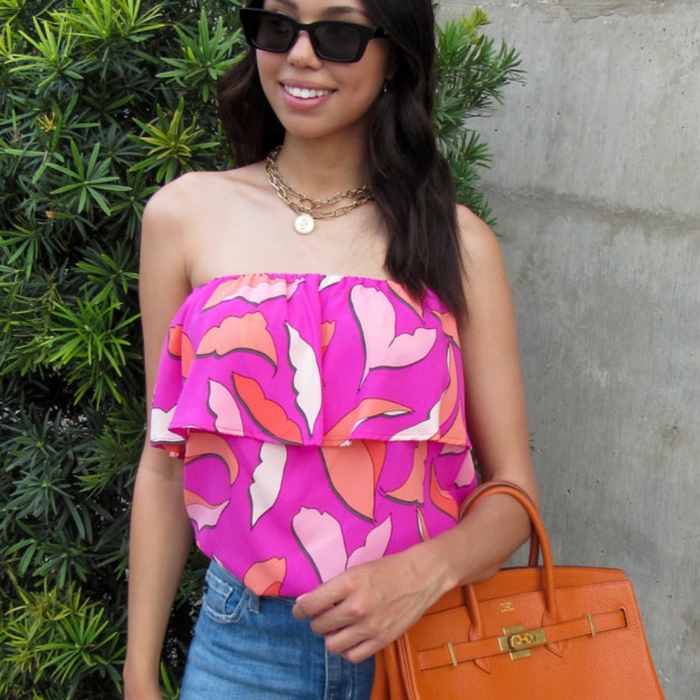 FRESH TART Camilla Tropical Dream Floral  Leaf Strapless Top NWT